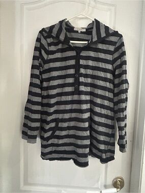 Addition Elle Black and Gray Striped Hooded Sweatshirt